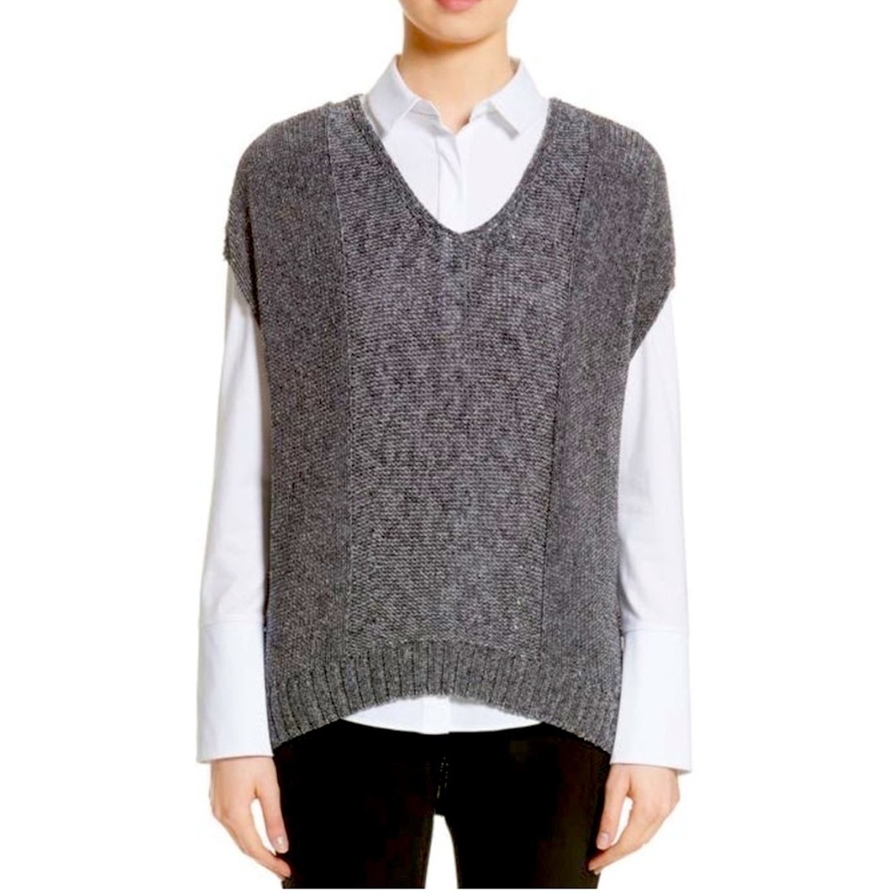 Lafayette 148 | Sweater Vest L Gray Mixed Stitch V-Neck Dolman Cap Sleeve